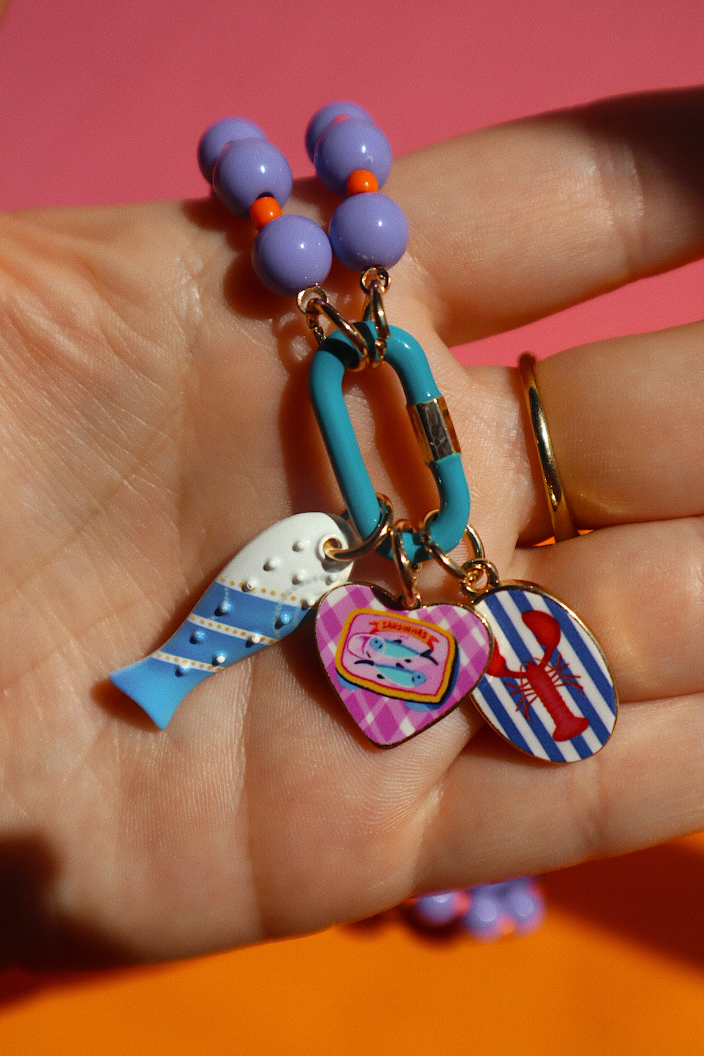 Colorful Caribiner Necklace- Lilac/Tangerine/Aqua